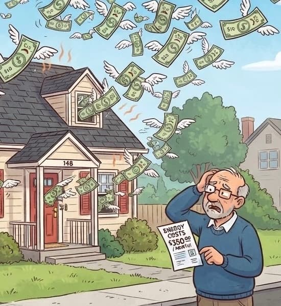 Illustration of a worried man holding his energy bill while dollar bills fly away from his house